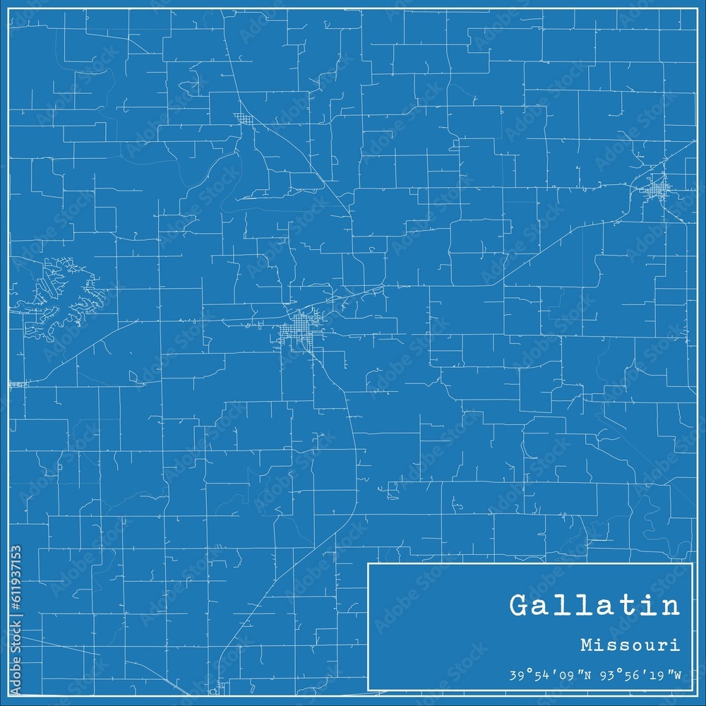 Blueprint US city map of Gallatin, Missouri.