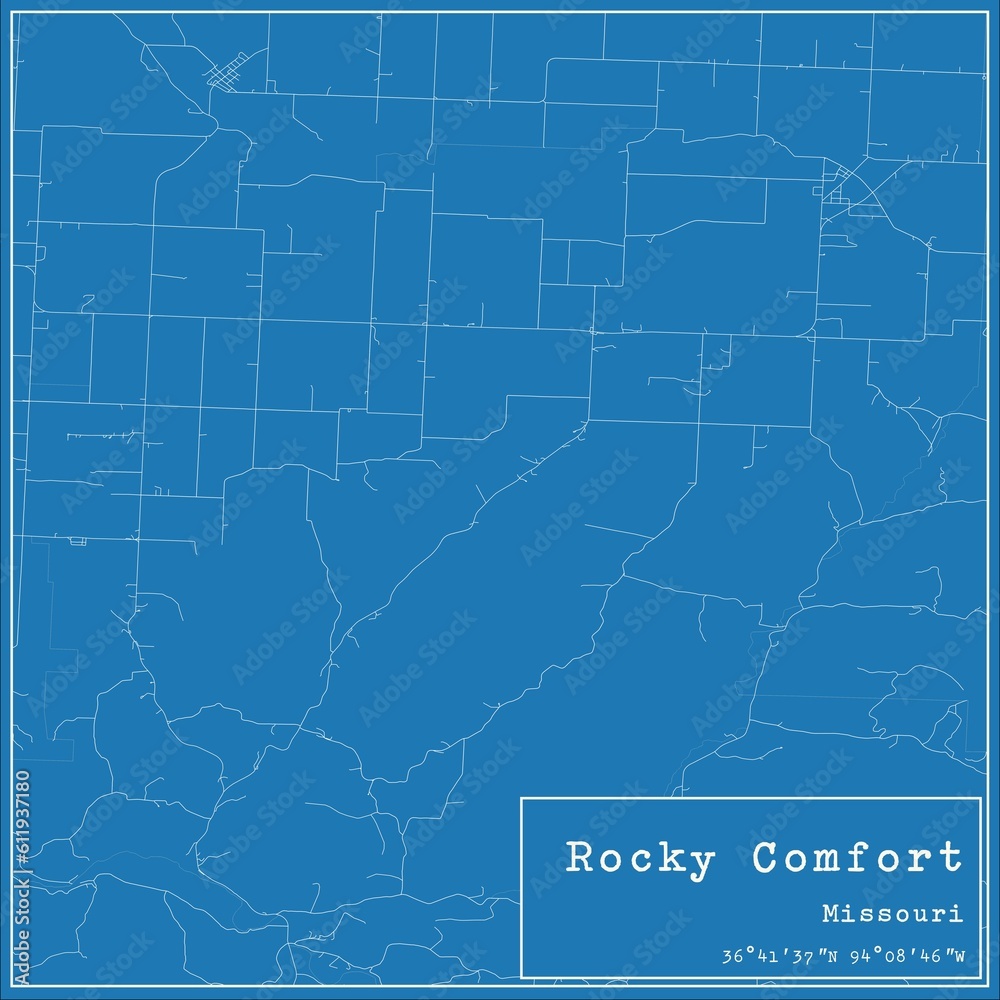 Blueprint US city map of Rocky Comfort, Missouri.