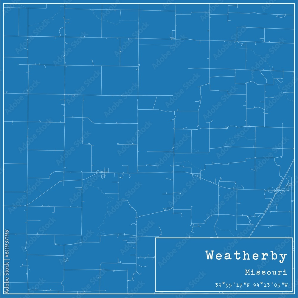 Blueprint US city map of Weatherby, Missouri.