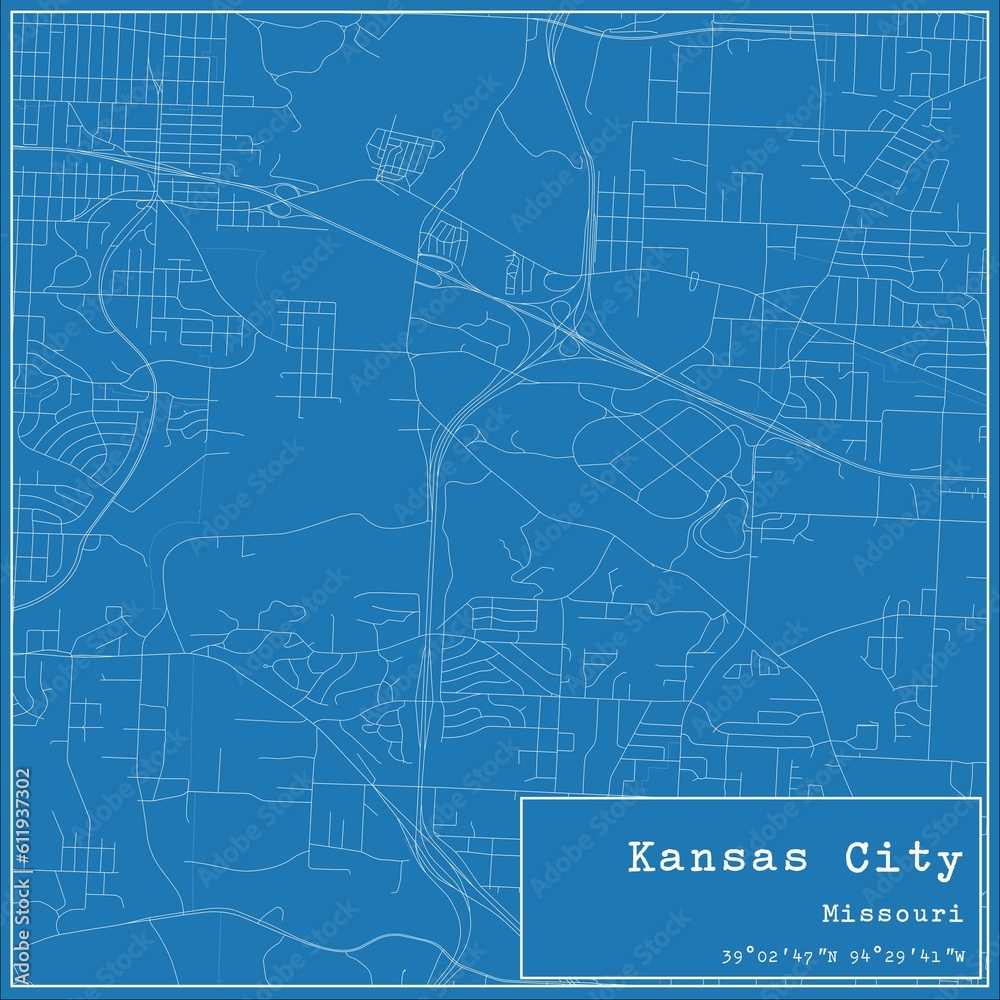 Blueprint US city map of Kansas City, Missouri.