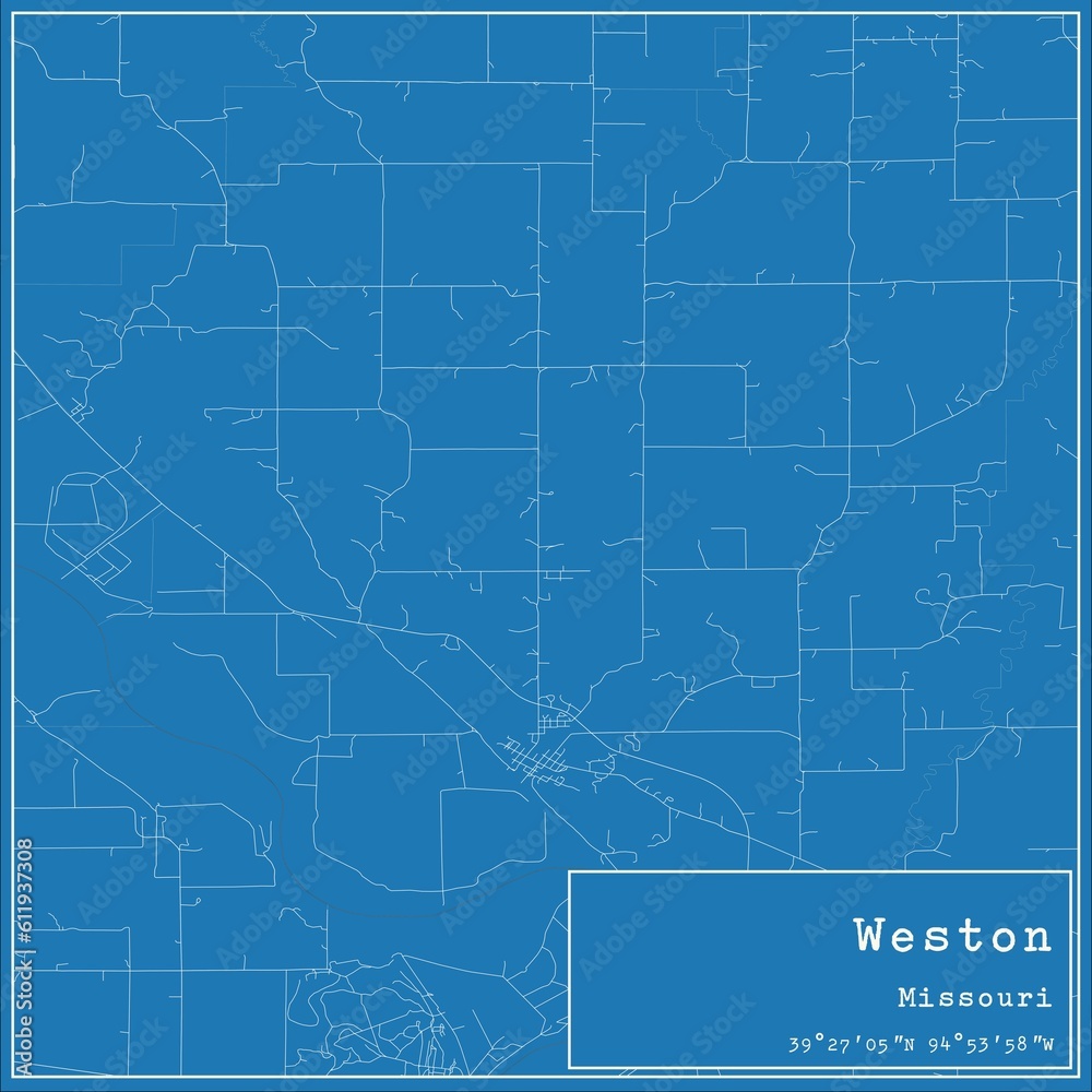 Blueprint US city map of Weston, Missouri.