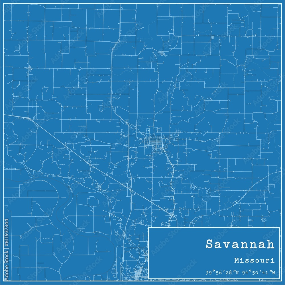 Blueprint US city map of Savannah, Missouri.