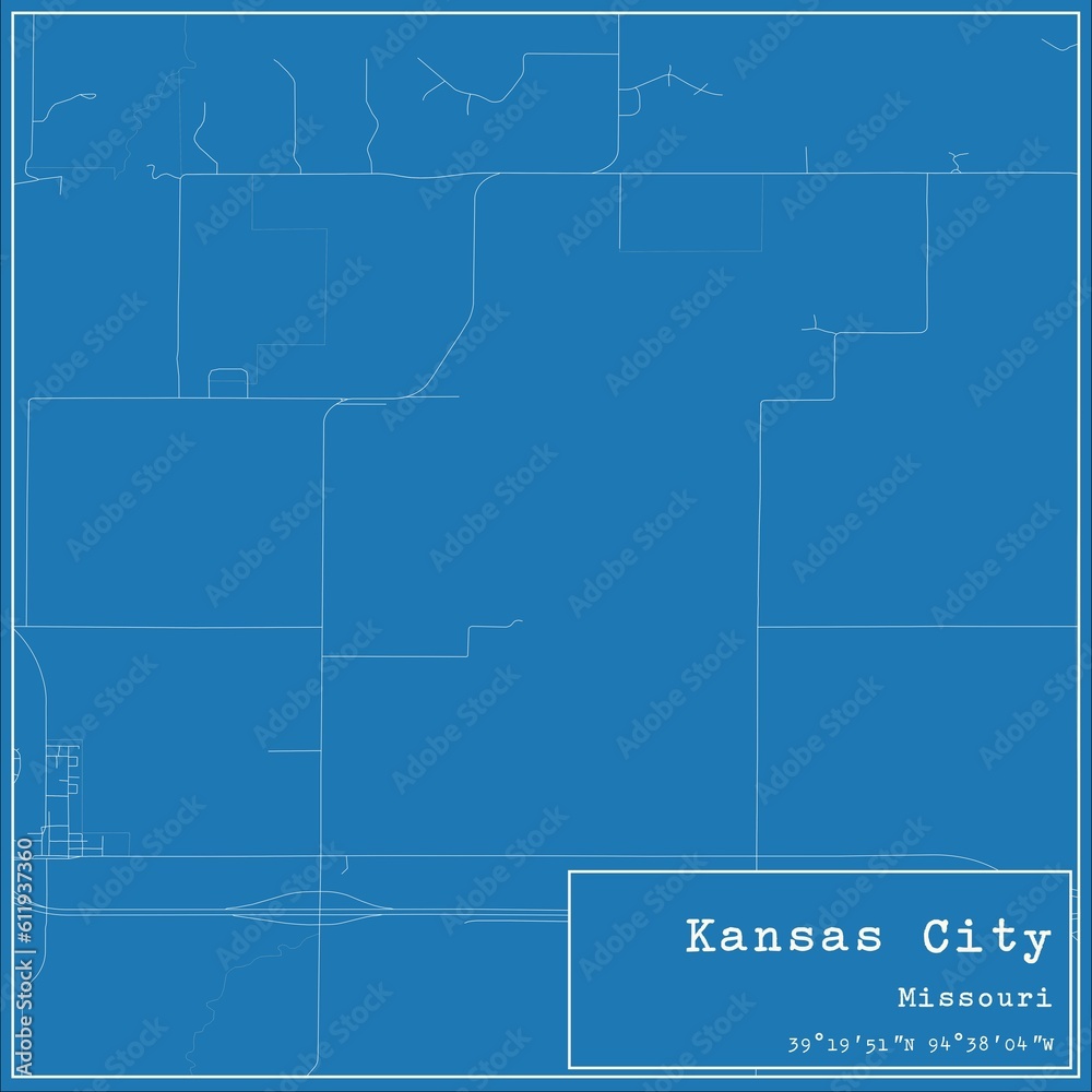 Blueprint US city map of Kansas City, Missouri.