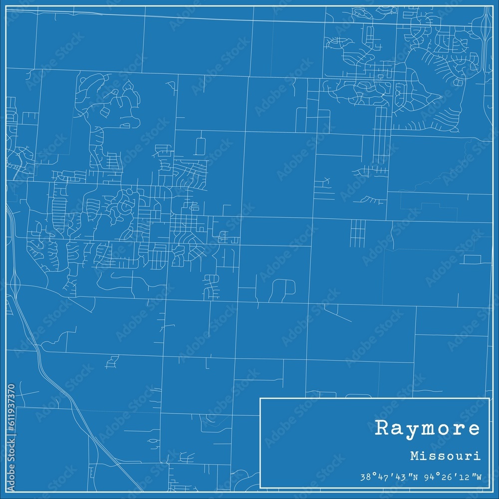 Blueprint US city map of Raymore, Missouri.