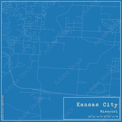 Blueprint US city map of Kansas City, Missouri.