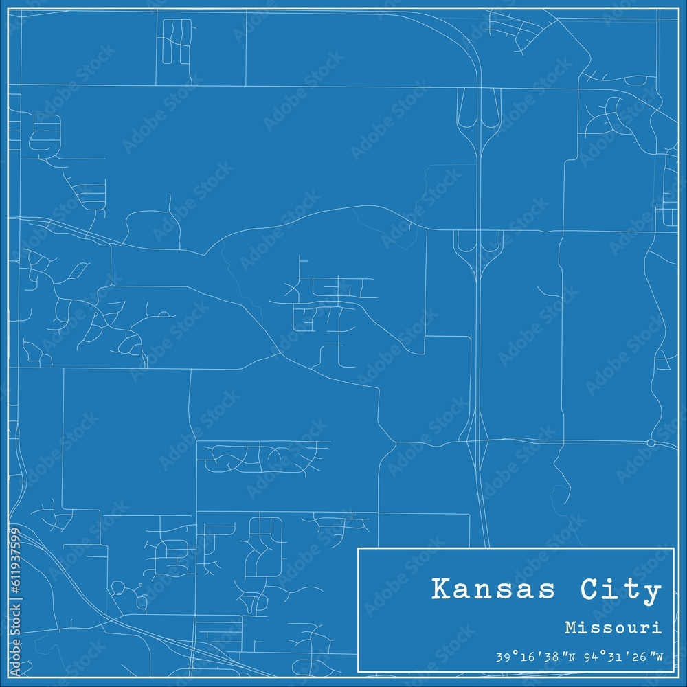 Blueprint US city map of Kansas City, Missouri. Blueprint US city map of Kansas City, Missouri.