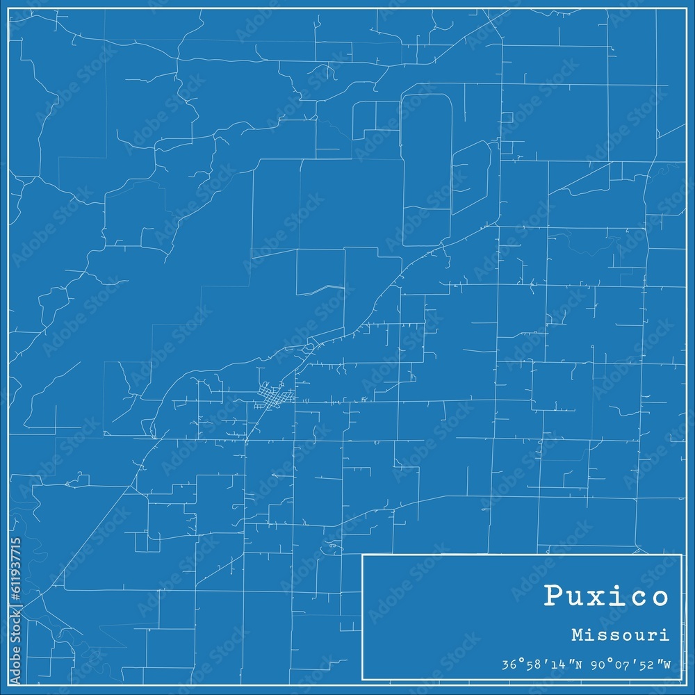 Blueprint US city map of Puxico, Missouri.