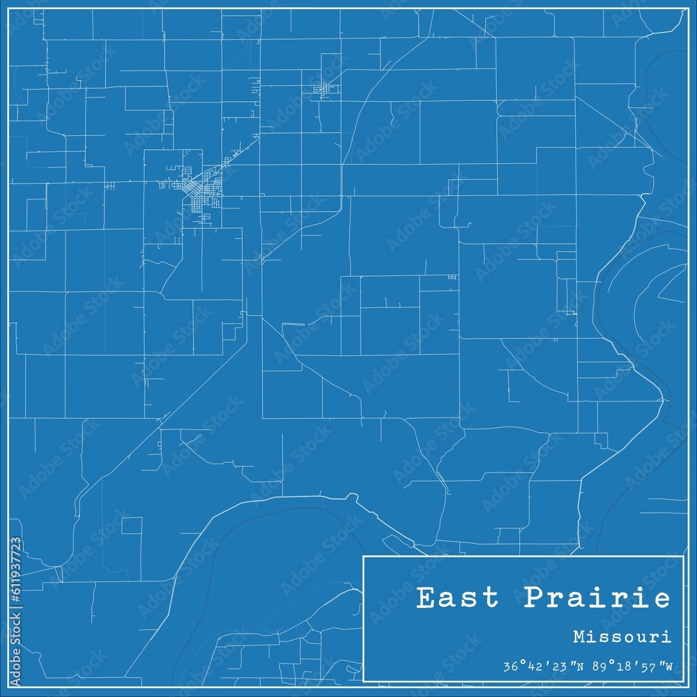 Blueprint US city map of East Prairie, Missouri.