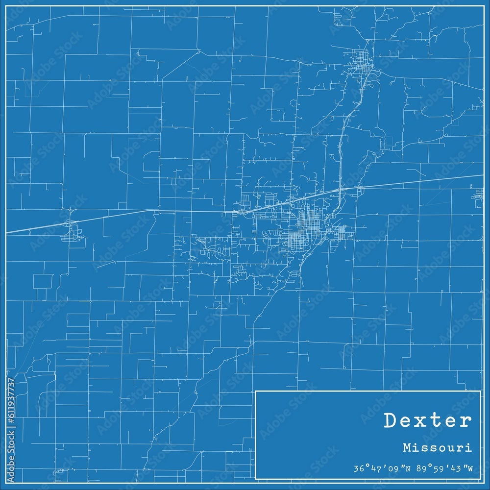 Fototapeta premium Blueprint US city map of Dexter, Missouri.