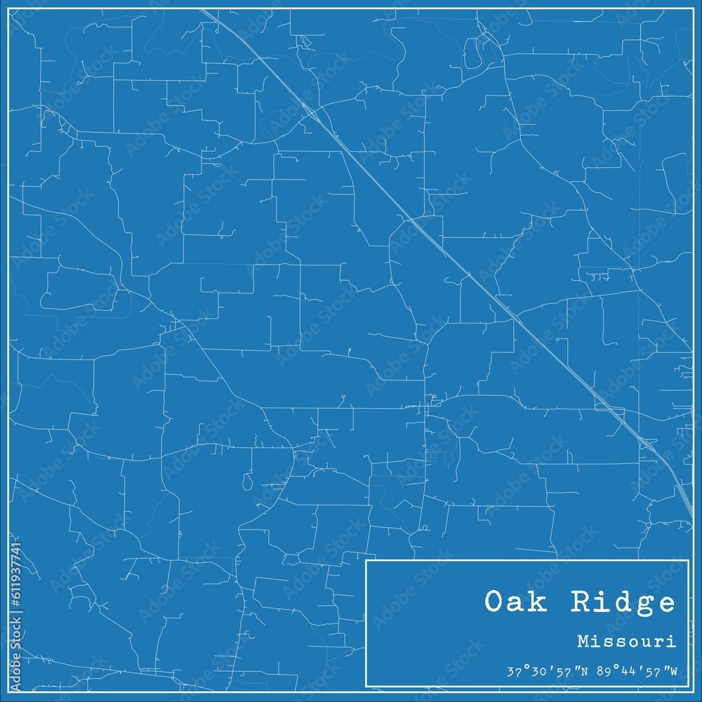 Blueprint US city map of Oak Ridge, Missouri.