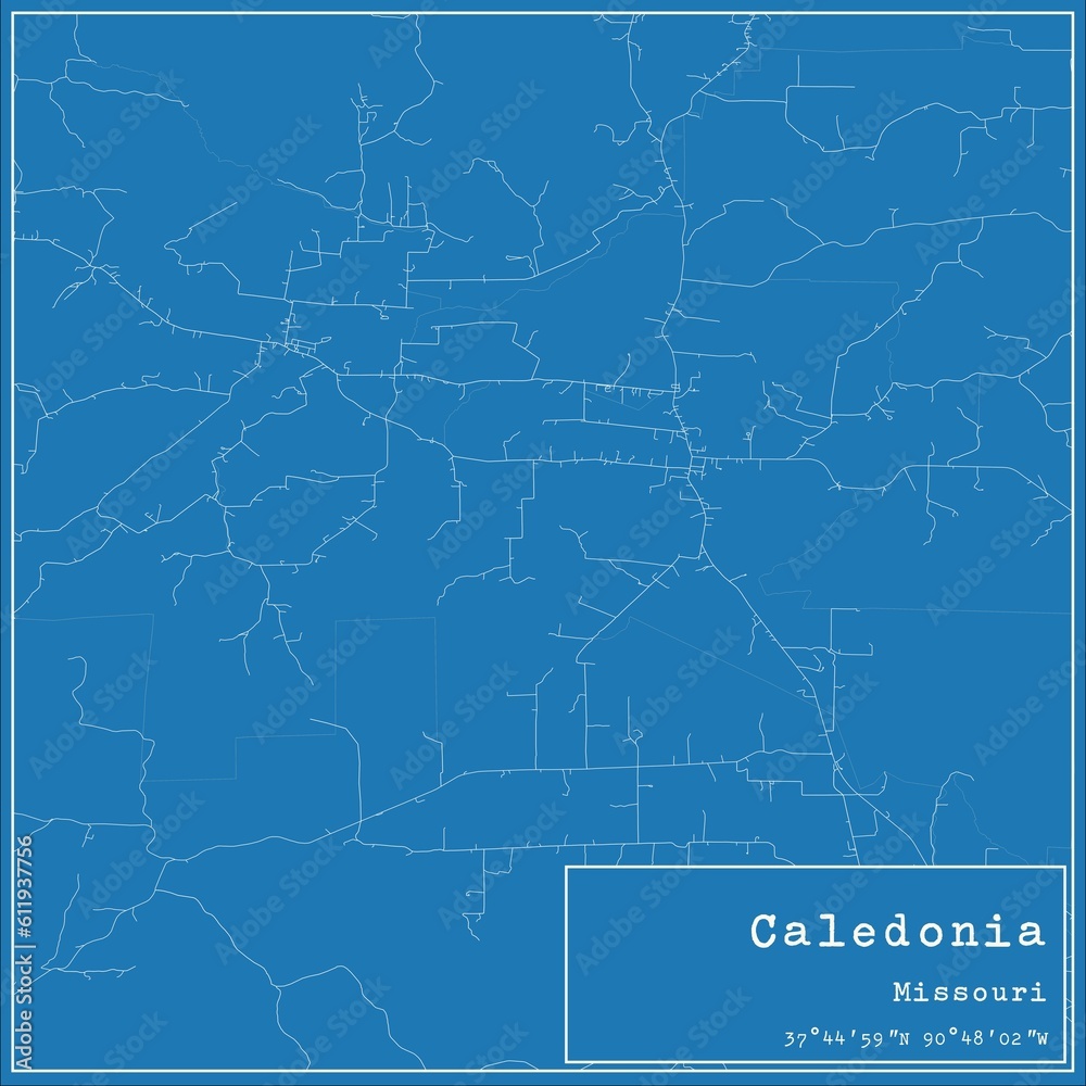 Blueprint US city map of Caledonia, Missouri.