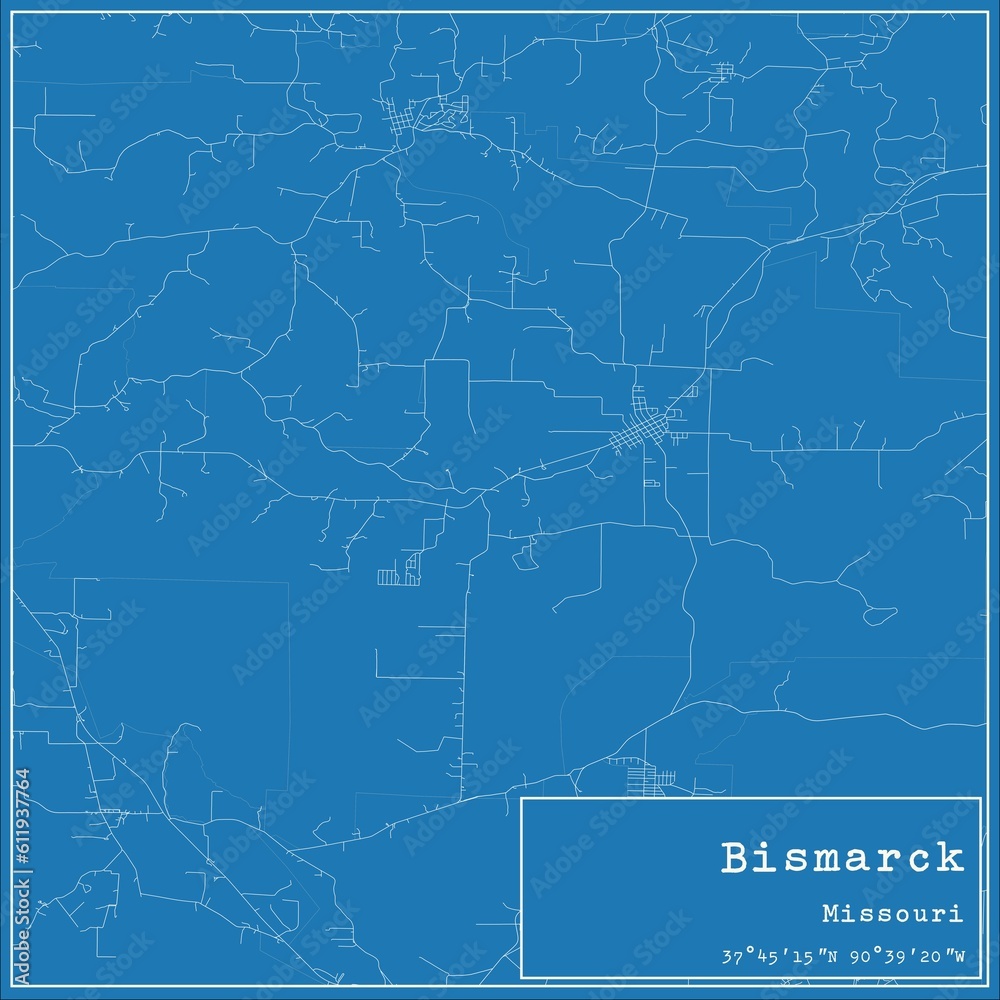 Blueprint US city map of Bismarck, Missouri.