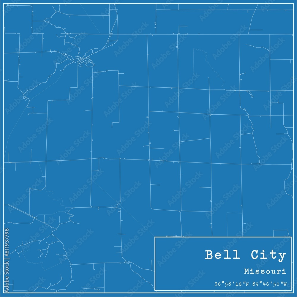 Blueprint US city map of Bell City, Missouri.
