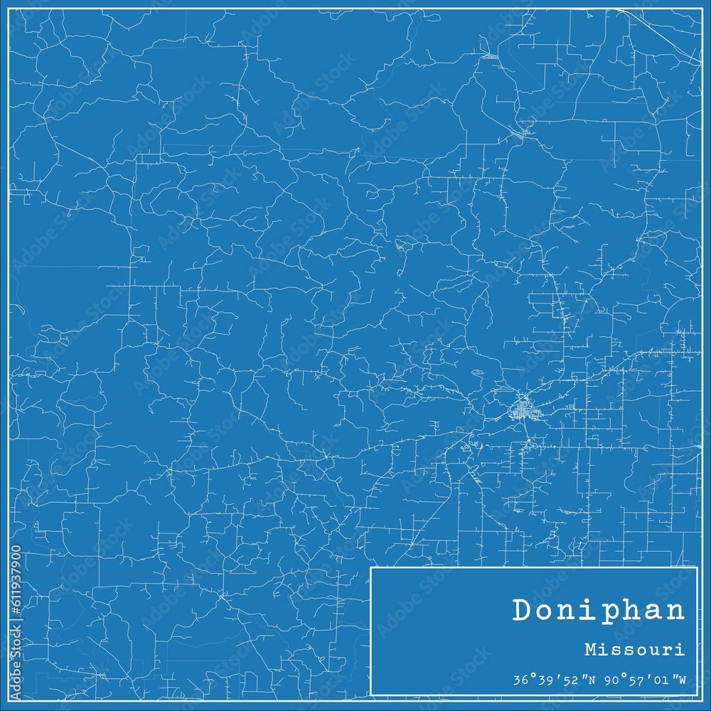 Blueprint US city map of Doniphan, Missouri.