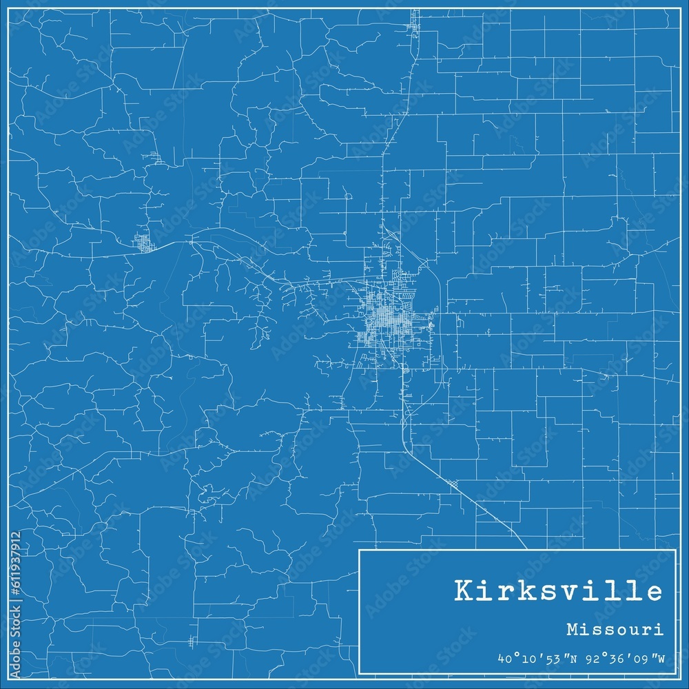 Blueprint US city map of Kirksville, Missouri.