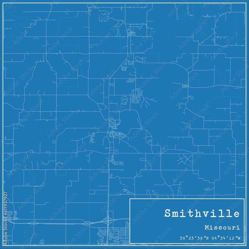 Blueprint US city map of Smithville, Missouri.