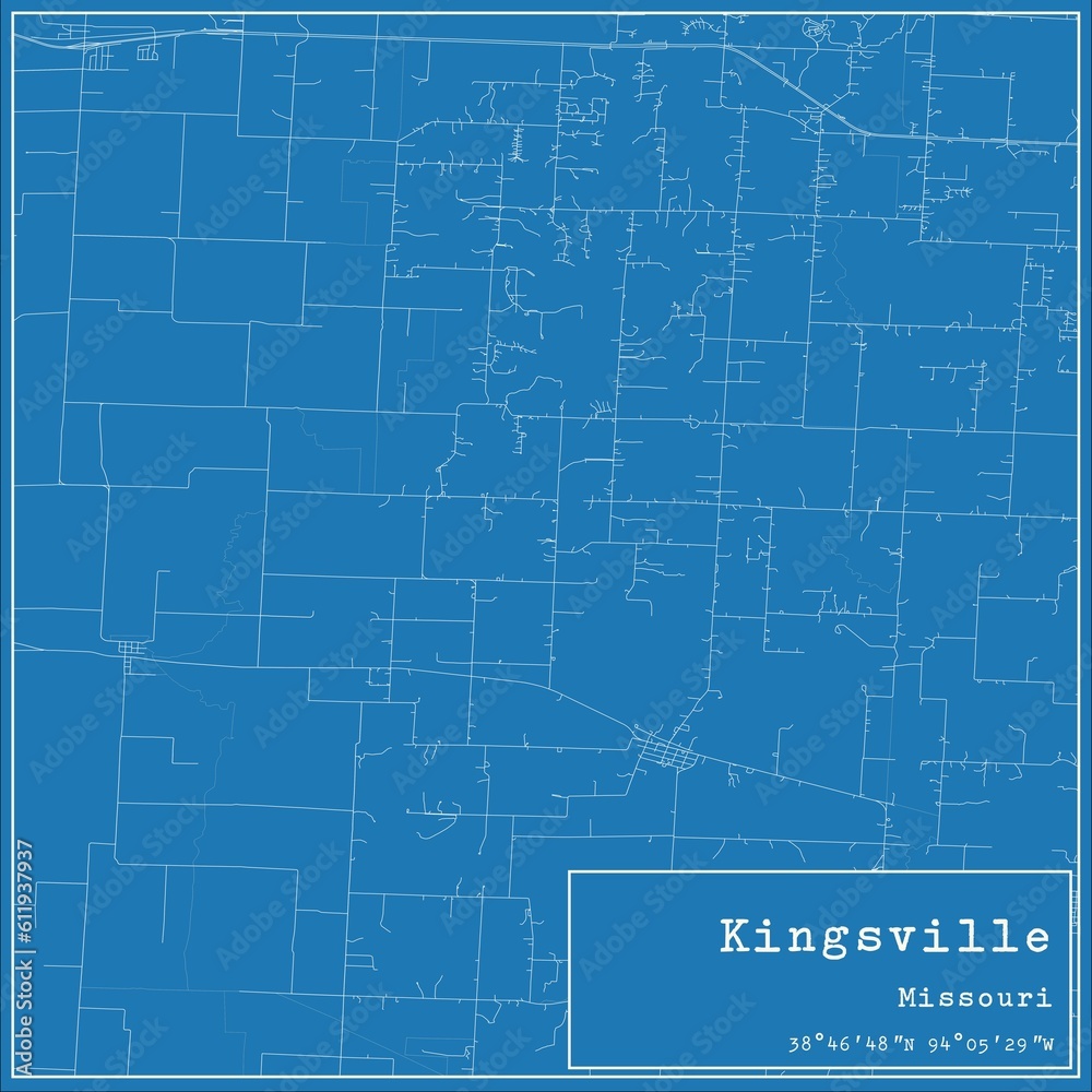 Blueprint US city map of Kingsville, Missouri.