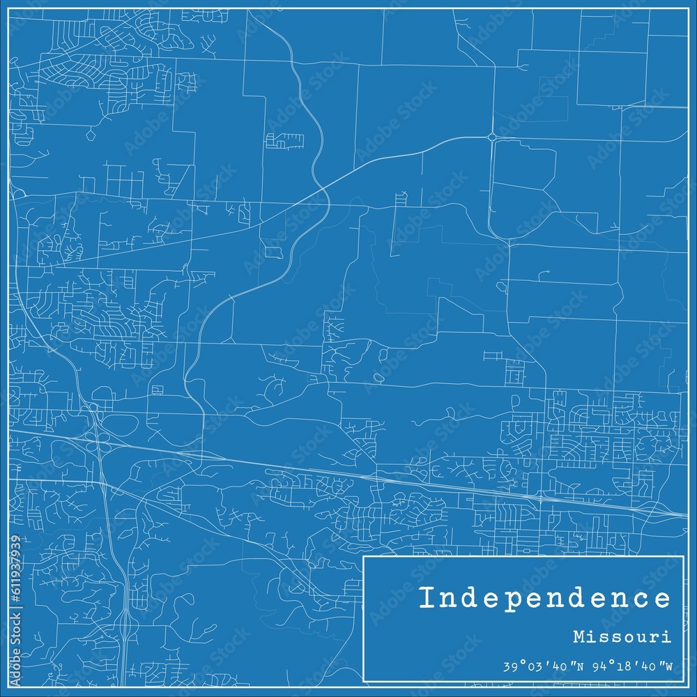 Blueprint US city map of Independence, Missouri.
