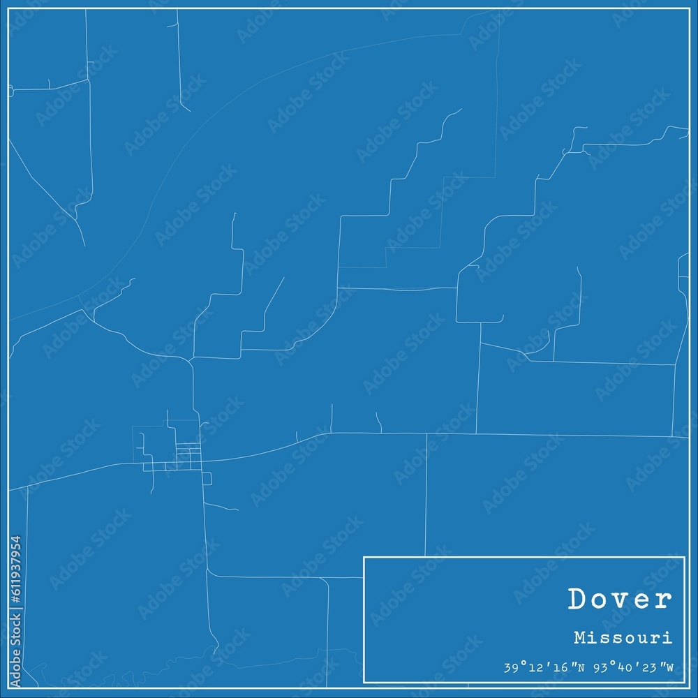 Blueprint US city map of Dover, Missouri.