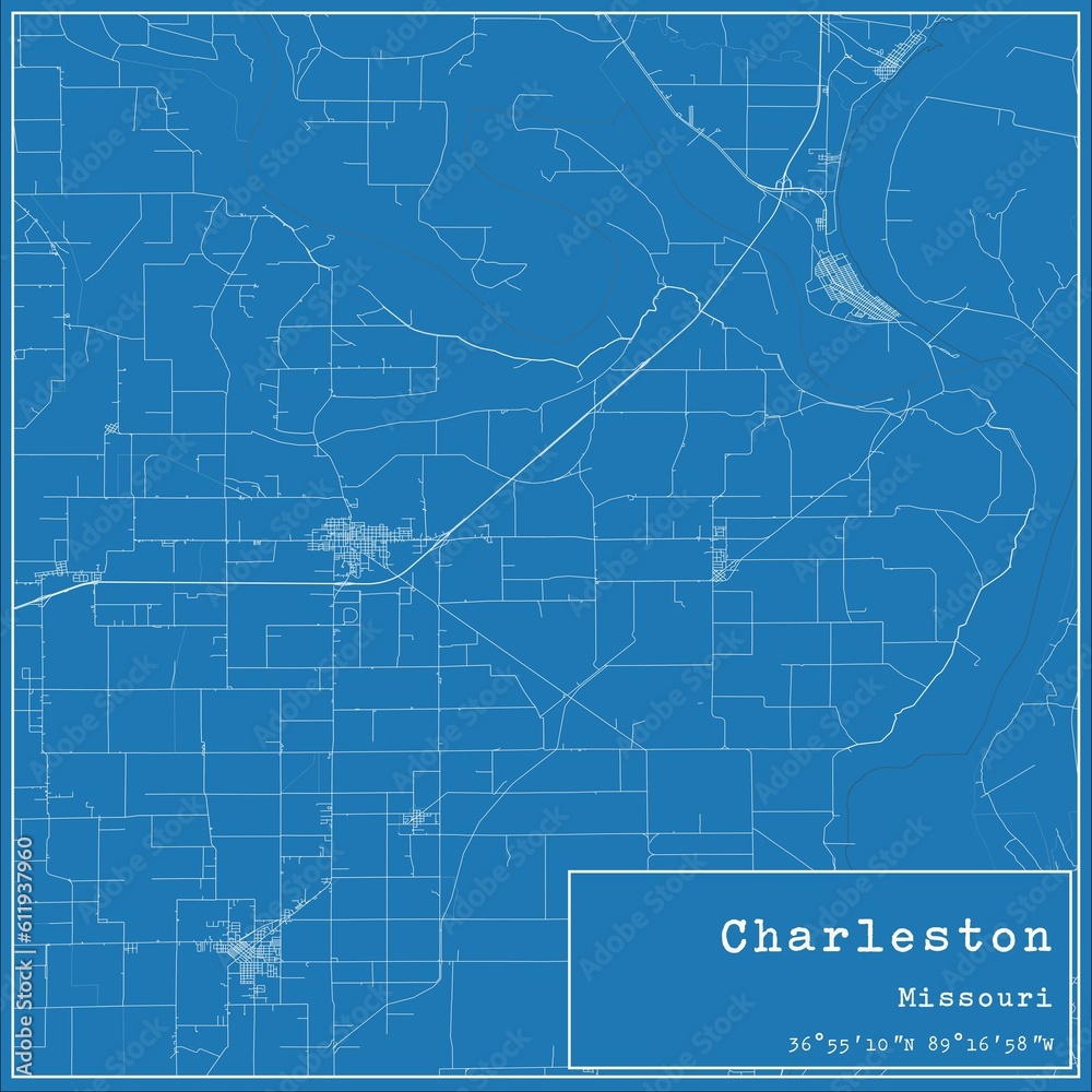 Blueprint US city map of Charleston, Missouri.