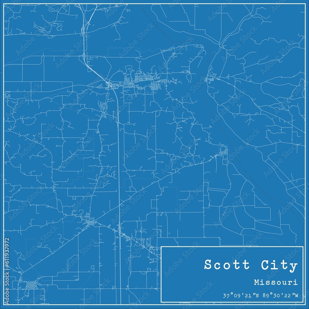Blueprint US city map of Scott City, Missouri.