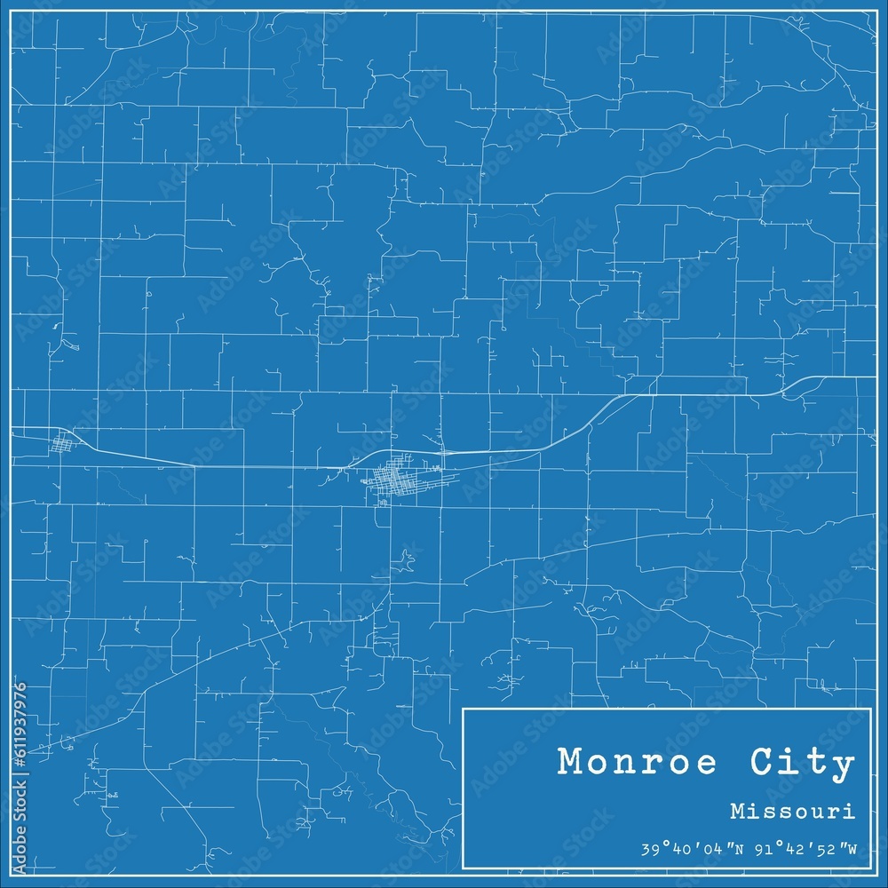 Blueprint US city map of Monroe City, Missouri.