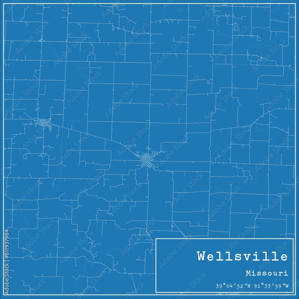 Blueprint US city map of Wellsville, Missouri.