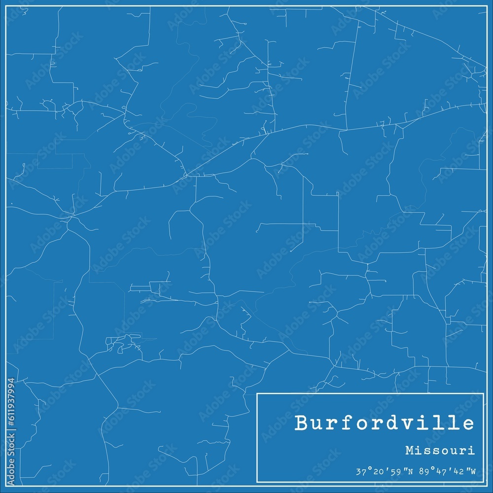 Blueprint US city map of Burfordville, Missouri.