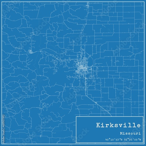 Blueprint US city map of Kirksville, Missouri.