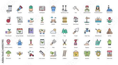 Garden Color Line Icons Gardening Digging Dollar Icon Set in Filled Outline Style 50 Vector Icons