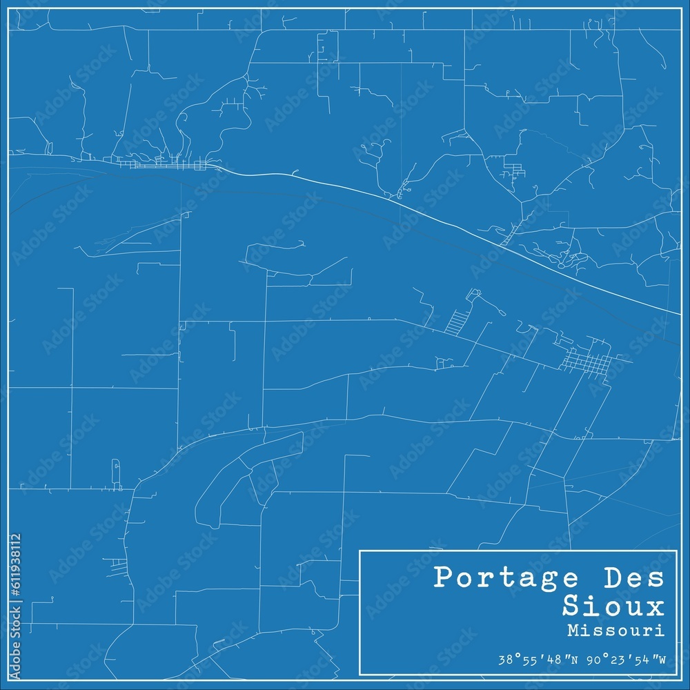 Blueprint US city map of Portage Des Sioux, Missouri.