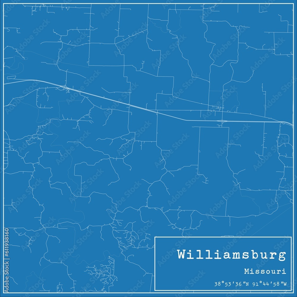Blueprint US city map of Williamsburg, Missouri.