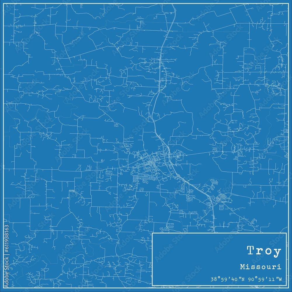 Blueprint US city map of Troy, Missouri.