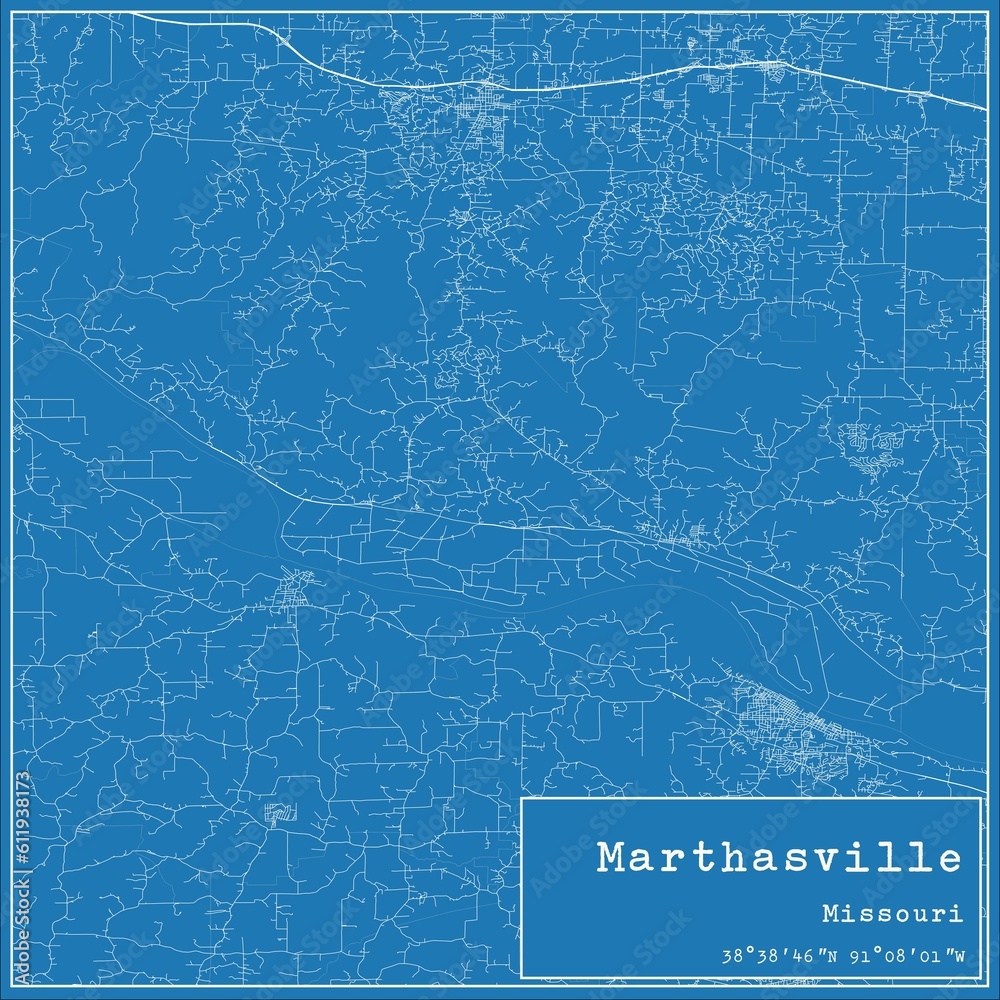 Blueprint US city map of Marthasville, Missouri.