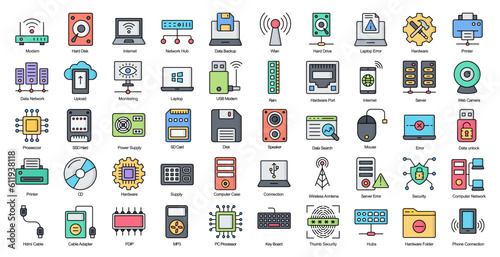 Hardware Line Color Icons Technology CPU Computer Icon Set in Filled Outline Style 50 Vector Icons