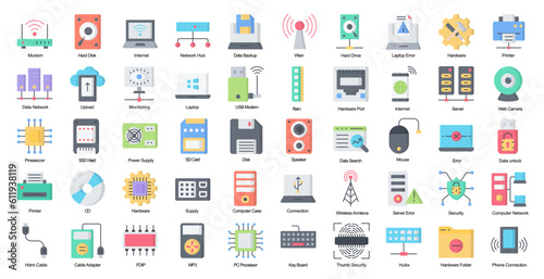 Hardware Flat Icons Technology CPU Computer Icon Set in Color Style 50 Vector Icons