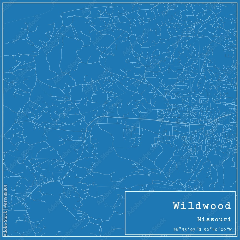 Blueprint US city map of Wildwood, Missouri.