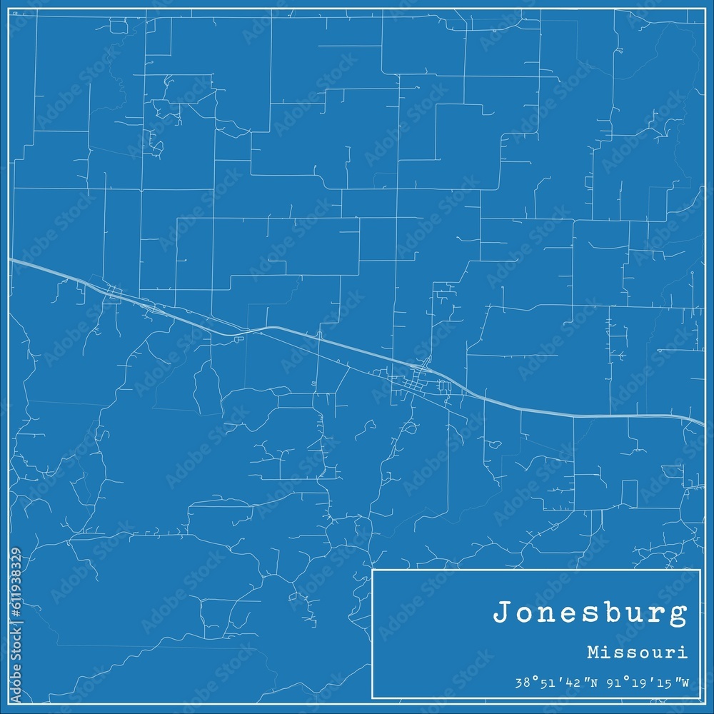 Blueprint US city map of Jonesburg, Missouri.