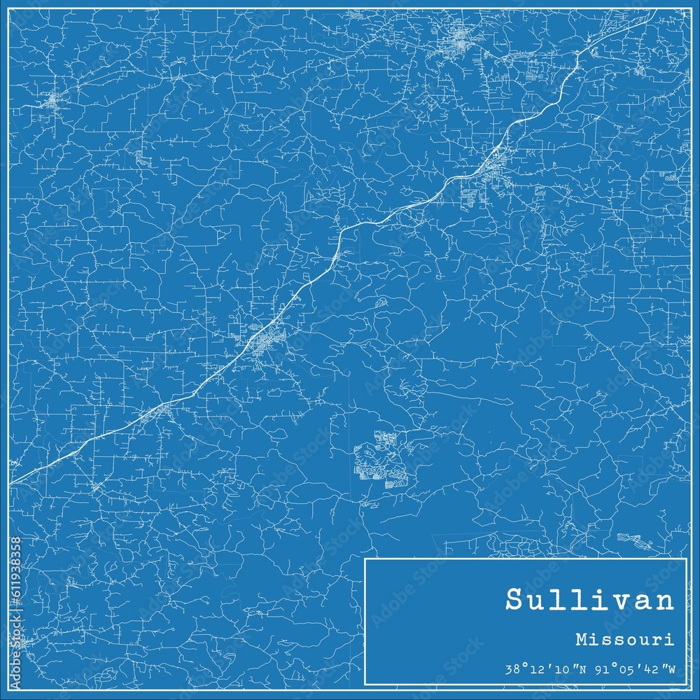 Blueprint US city map of Sullivan, Missouri.