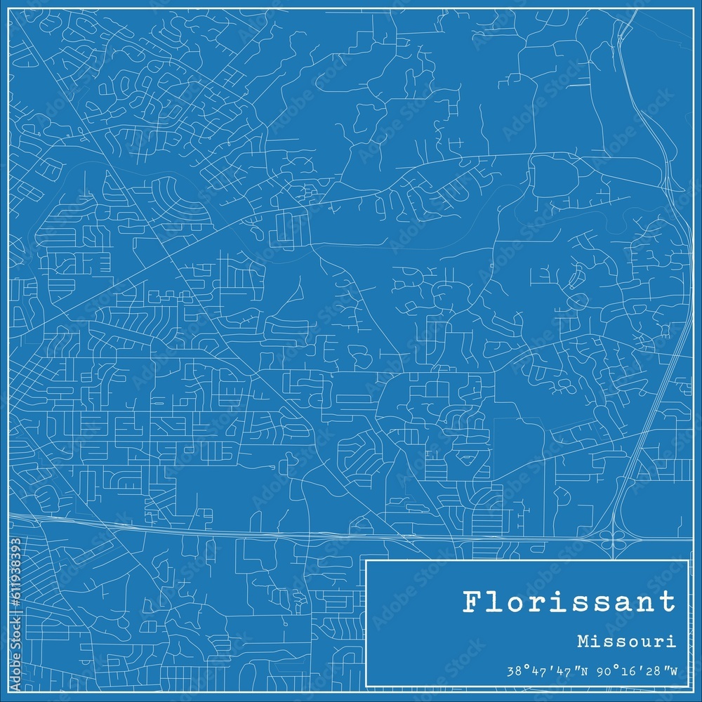 Blueprint US city map of Florissant, Missouri.