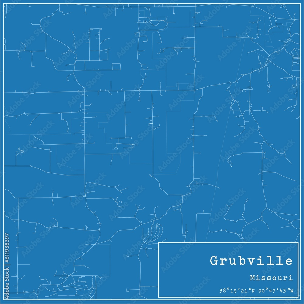 Blueprint US city map of Grubville, Missouri.