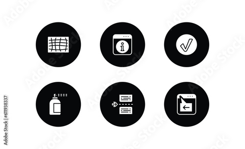 user interface filled icons set. user interface filled icons pack included mesh, information button, round done button, spray paint, page break, window back button vector. photo