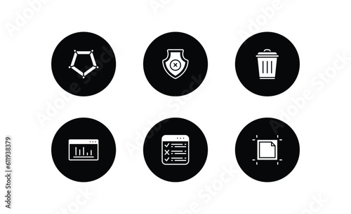 user interface filled icons set. user interface filled icons pack included pentagonal chart, no protection, trash bin, window graphic, task list, artboard vector.
