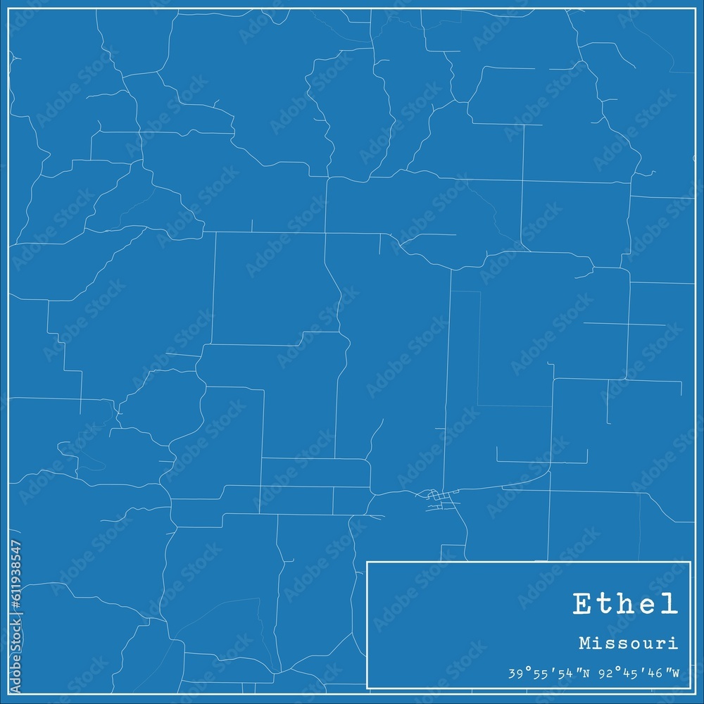 Blueprint US city map of Ethel, Missouri.