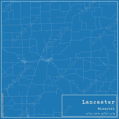 Blueprint US city map of Lancaster, Missouri. photo