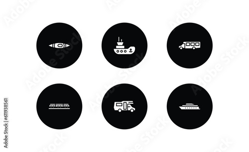 transportation filled icons set. transportation filled icons pack included kayak, tugboat, airport shuttle, light rail, camper car, ferry boat vector.