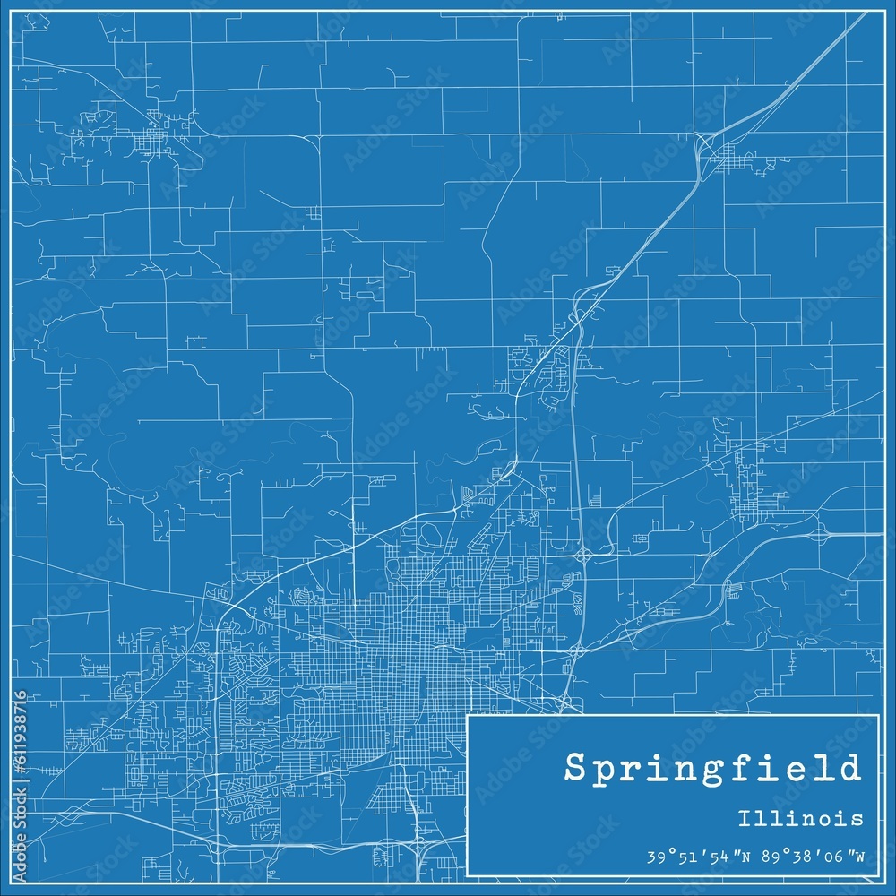 Blueprint US city map of Springfield, Illinois.