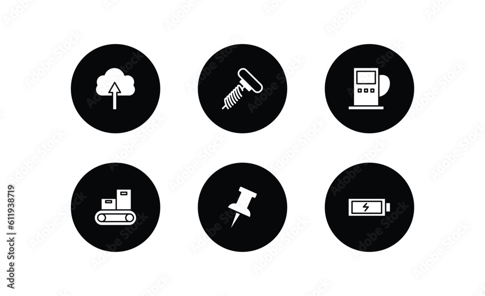tools and utensils filled icons set. tools and utensils filled icons pack included up arrow and cloud, auger, fuel oil bomb service, packing hine, tack save button, charged battery vector.