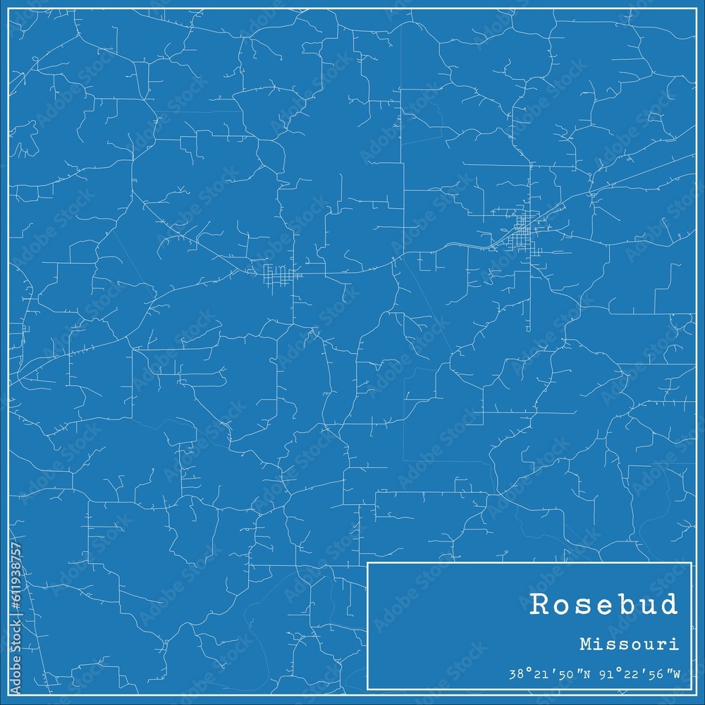 Blueprint US city map of Rosebud, Missouri.