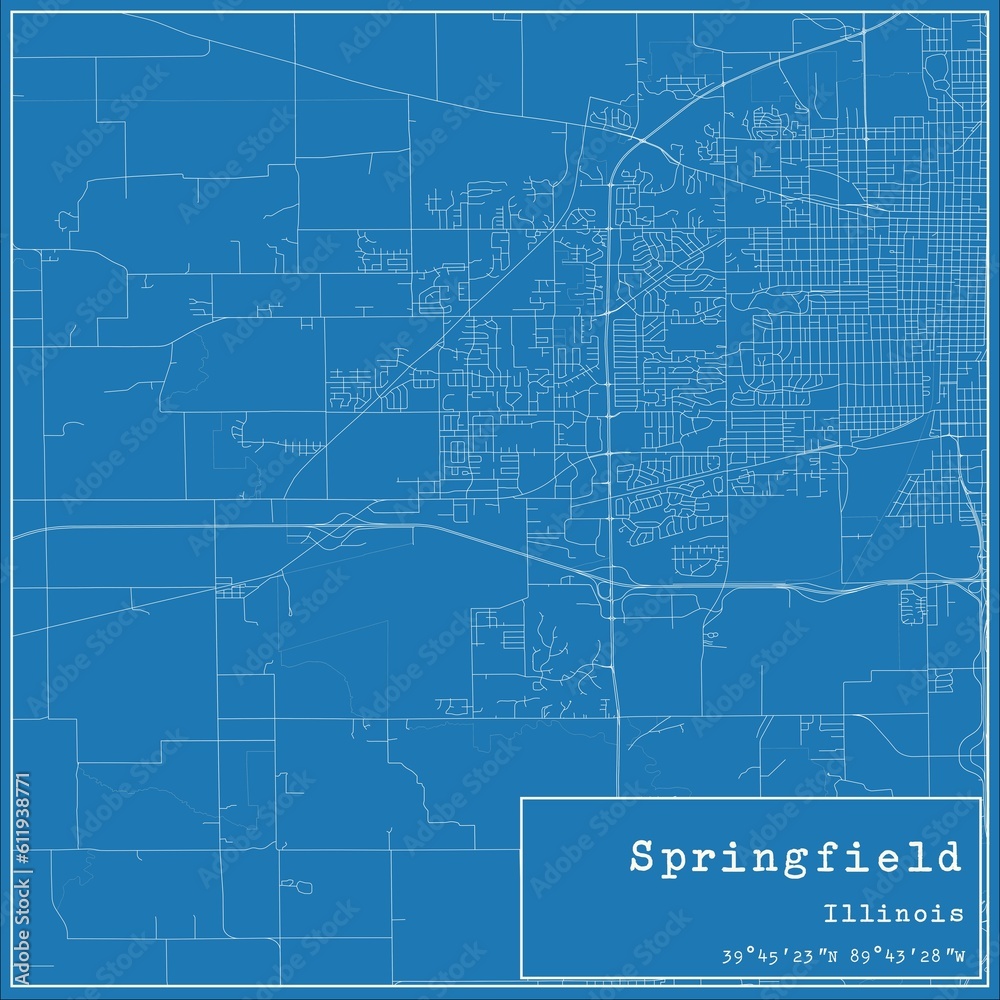 Blueprint US city map of Springfield, Illinois.